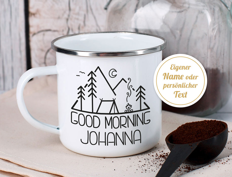 Emaille Becher - Tasse personalisierbar - geschenke-online - Campingartikel selbst gestalten - Camping Royal